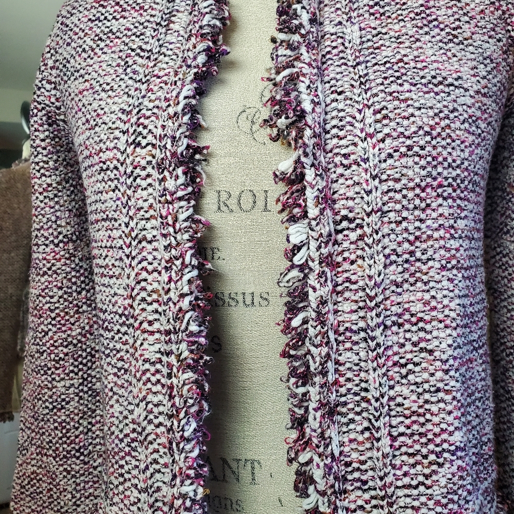 MASSIMO DUTTI | Purple Tweed Frayed Hem Open Italian Yarn Blazer (Size S) - Picture 6 of 14